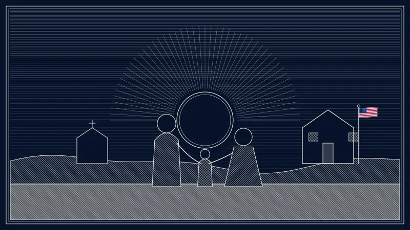 Engraved-style scene of a stylized, faceless family of three holding hands on a hillside under a rising sun, with a small chapel on one side and a house flying a small American flag on the other.