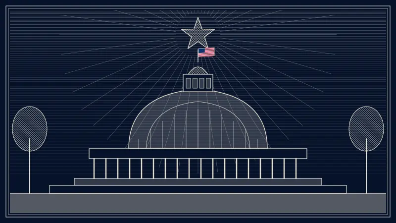 Engraved-style scene of a great domed capitol building under a radiant star, with columns, steps and trees on either side, and a small American flag above the dome.