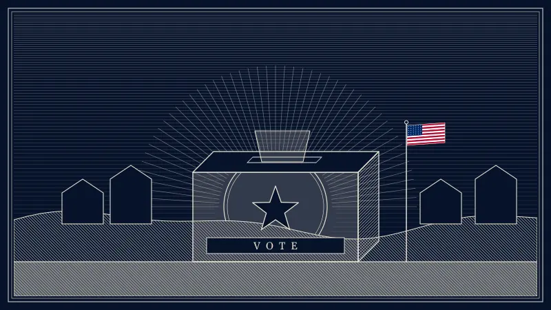 Engraved-style scene of a ballot box marked with a star and the word VOTE before a rising sun over rolling hills and small houses, with a small American flag on a pole beside it.