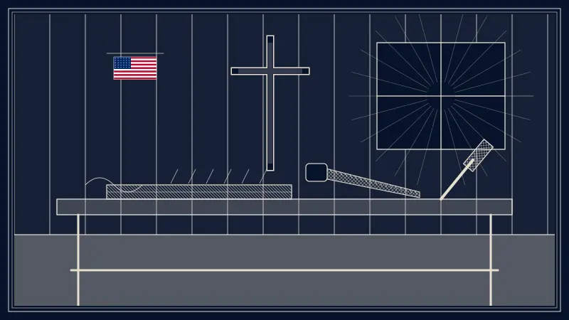 Engraved-style scene of a carpenter’s workbench with a saw, hammer and plank, a wooden cross on the wall beside a sunlit window, and a small American flag pinned to the wall.